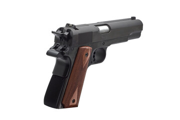 Double-barrel 1911-style pistol, twin-barrel handgun on a transparent background