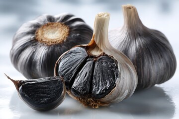Obraz premium Nutritious black garlic bulbs, one sliced open, revealing rich, dark cloves.