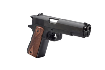 Double-barrel 1911-style pistol, twin-barrel handgun on a transparent background