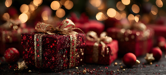 Christmas xmas or celebration holiday festive greeting card - Closeup of many different red presents gift boxes with gold ribbon, background with bokeh lights and christmas tree (Generative Ai)