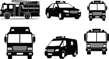 Emergency vehicle silhouettes, fire truck, ambulance, police car, rescue van, emergency transport, safety icons, vector black illustrations © Akash's World