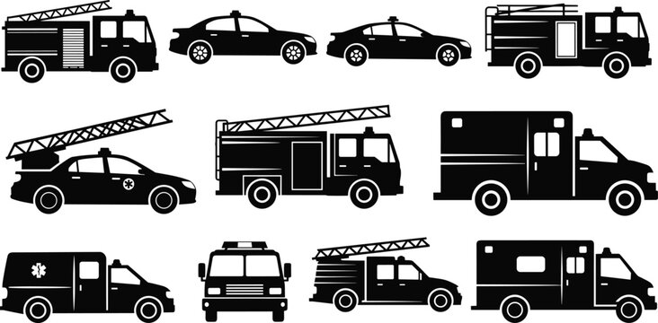 Emergency vehicle silhouettes, fire truck icons, ambulance vector, police car design, rescue transport set, emergency service vehicles, safety illustration, EMT icons