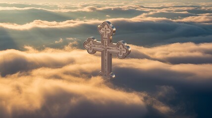 A radiant cross ascends above the clouds, bathed in ethereal light.