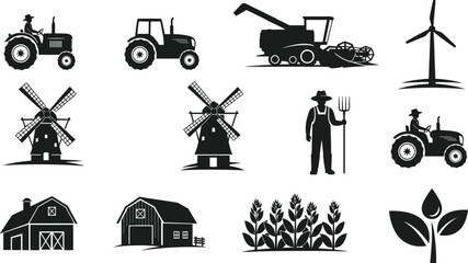 Farm agriculture silhouette icons, tractor vector, barn house, farmer with pitchfork, windmill illustration, crop field, eco leaf design © Akash's World