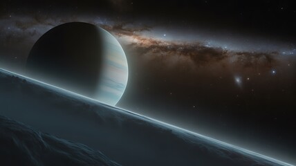 Alien planet with rings and a gas giant in a nebula