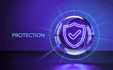 Glowing shield inside a sphere with protection text on purple background