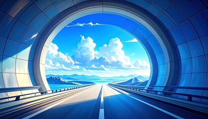 Futuristic tunnel opening to a scenic highway