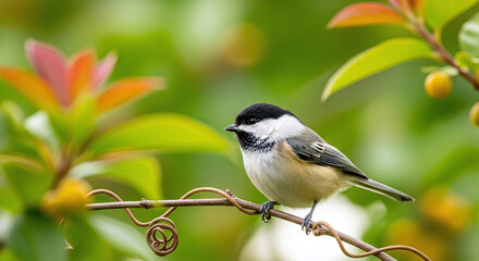 Black capped chickadee perched on a branch amidst greenery
