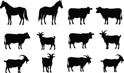 farm, animal, silhouette, horse, cow, goat, livestock, agriculture, rural, barnyard, pasture, herd, domestic, mammal, farming