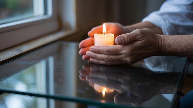 Candle lit hands in a moment of reflection.