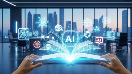 Hands holding an open book with glowing AI icons in a modern office setting representing artificial intelligence and technological advancement in business.