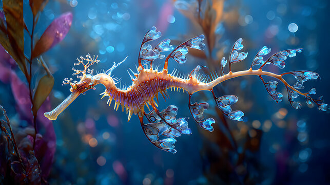 Leafy seadragon gracefully swims in ocean, surrounded by colorful seaweed and coral