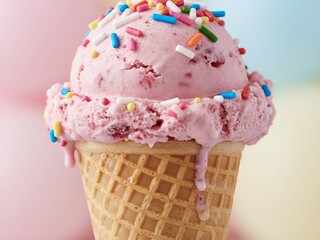 Photorealistic close-up of a strawberry ice cream cone with sprinkles, waffle texture detailed, against a pastel background.