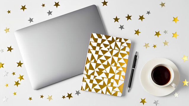 An overhead view of a workspace decorated in a festive theme. A closed laptop, a gold notebook with a geometric pattern, a black pen, and a cup of coffee lie against a white background. Scattered arou