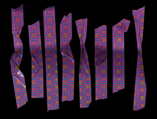 Fragments of patterned foil stickers, torn into strips and scattered like collage elements.