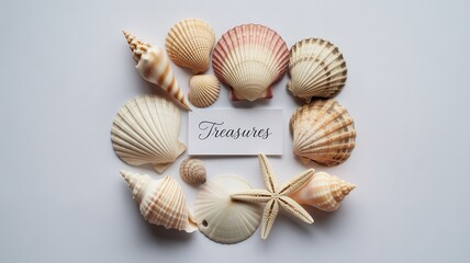 Assortment Of Seashells And Starfish Arranged Around The Word Treasures collection