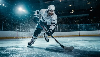 A hockey player wearing a white jersey skates quickly across the ice, stick held low, during an intense game in a large arena.