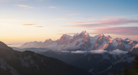 4K background featuring a serene mountain range at sunset, alpenglow, clear sky, vibrant colors, sharp focus, panoramic view create with ai