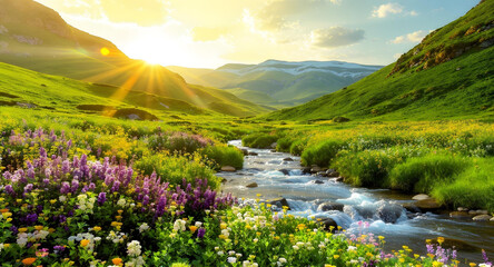 4K landscape of a lush green valley in spring, wildflowers blooming, a clear river flowing through, distant rolling hills, sunny day create with ai