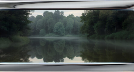 Chrome stripe background with a blurred reflection of a lush green forest in the early morning, creating a serene and natural contrast create with ai