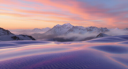 a serene mountain range at sunset, alpenglow, clear sky, vibrant colors, sharp focus, panoramic view create with ai