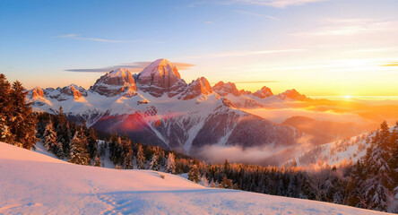 4K landscape of a snow-covered mountain range at sunrise, alpenglow on peaks, evergreen trees laden with snow, clear blue sky, winter season create with ai
