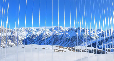 Textured chrome stripe background reflecting a snowy mountain range under a clear, blue sky, creating a cold and majestic landscape create with ai