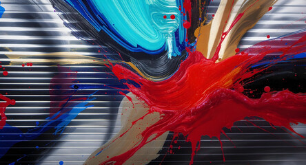 High-resolution chrome stripe background reflecting a dynamic abstract painting with bold colors and textures, creating an artistic and modern feel create with ai