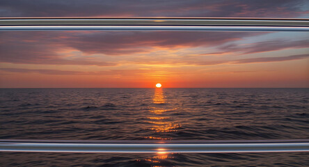 Close-up of a chrome stripe background reflecting a vibrant sunset over a calm ocean, creating a warm, golden gradient create with ai