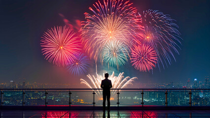 A striking image of a silhouette of a man standing with his back to the viewer on an observation deck, watching a spectacular fireworks display. Bright flashes of red, pink, and gold unfold in the sky
