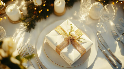 Elegant gift with golden ribbon on plate