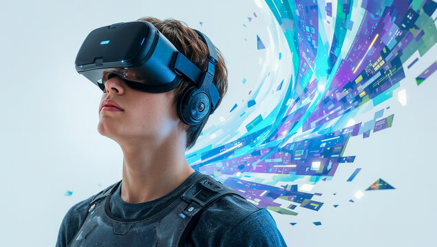 Young man in futuristic VR headset with glowing blue accents and armored tech outfit immersed in a virtual experience, surrounded by swirling neon data streams and geometric shapes on a clean white ba