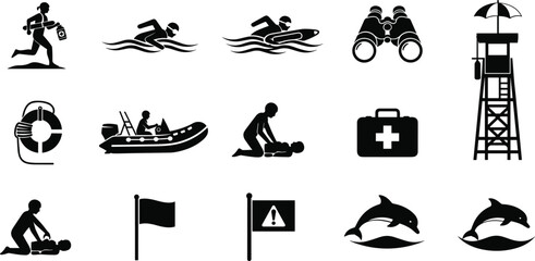 Lifeguard rescue and beach safety icons set, swimming, CPR, lifebuoy, rescue boat, tower, first aid, dolphins, vector illustration