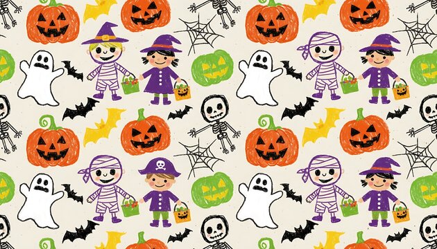 Cute kids crayon hand drawn icon background. Halloween. Carved pumpkin sketch. Kids playing Trick or Treat. Spider web. Bats. Vector illustration with kids crayons. Cute kids crayon doodle pattern.
