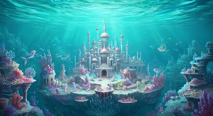 Magnificent underwater kingdom featuring an ornate fairytale castle surrounded by vibrant coral reefs and diverse marine life