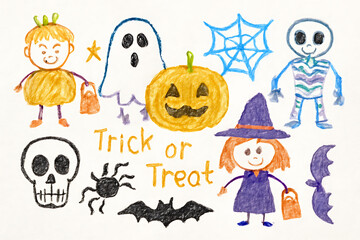 Obraz premium Cute kids crayon hand drawn icon background. Halloween. Carved pumpkin sketch. Kids playing Trick or Treat. Spider web. Bats. Vector illustration with kids crayons. Cute kids crayon doodle pattern.