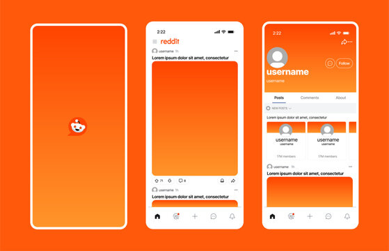 Reddit Mobile UI Mockup with Post Feed Comments Upvote Downvote Profile Subreddits and Social Media App Interface