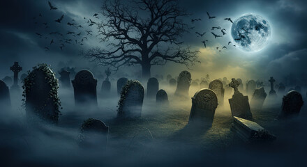 Fototapeta premium Foggy graveyard with mist, old tombstones, and bats flying overhead with huge full moon behind