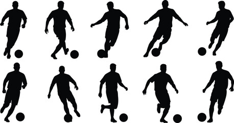 Silhouette soccer players in dynamic action poses with ball, isolated on white background, perfect for sports design, training, and illustration