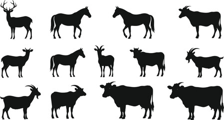 Silhouettes of deer, horses, cows, goats, animal grid, horned mammals, domestic wildlife, farm animals, black silhouettes, nature identification chart