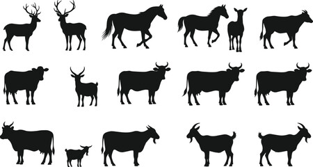Silhouettes of farm and wild animals including deer, horses, cows, goats, livestock, wildlife, nature, agriculture, farming, animal shapes, silhouettes