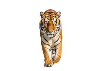 Obraz premium A majestic adult siberian tiger, vibrant orange fur, bold black stripes, walking forward with intense eye contact, transparent studio background, copy space, powerful predator concept