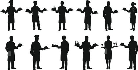 Silhouettes of professional waiters and chefs serving food and drinks, hospitality staff teamwork, restaurant service, catering, culinary presentation.