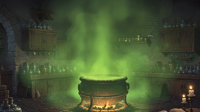 Halloween witch&rsquo;s cauldron bubbling with glowing potion and magical smoke, spooky seamless loop animation for seasonal projects.