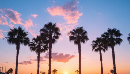 Five tall palm trees are silhouetted against a vibrant sunset, with pink and orange clouds in the sky.