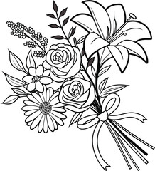 Clean outline of a vibrant mixed flower bouquet in white