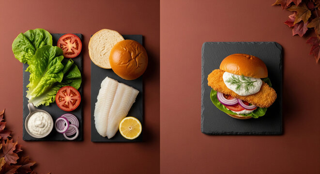 Process of making a fish burger, with all ingredients on the left, and the finished burger presented on a stone slate against a brown background with autumn leaves