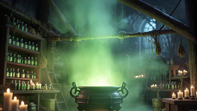 Halloween witch&rsquo;s cauldron bubbling with glowing potion and magical smoke, spooky seamless loop animation for seasonal projects.