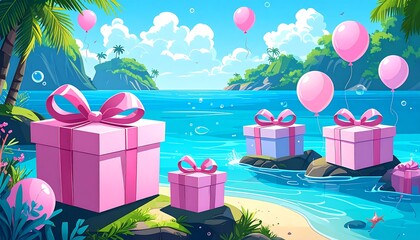 Tropical beach scene with gifts and balloons