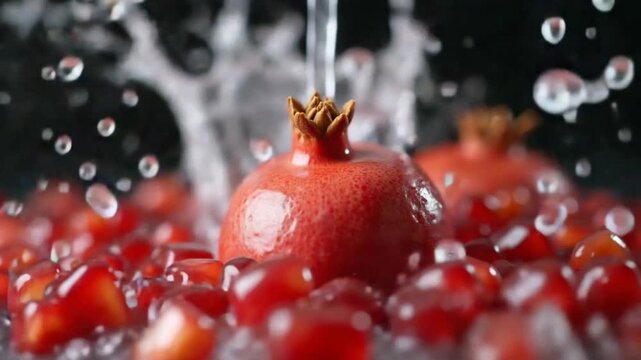Splashed water pours onto fresh pomegranates. Filmed on a high-speed camera at 1000 fps. High quality FullHD footage